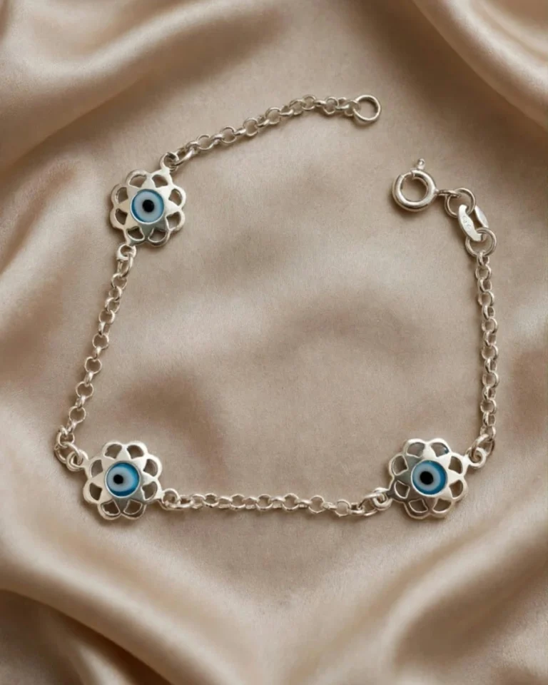 Pulsera Flor Ojo Turco de Plata, vista de la pieza completa